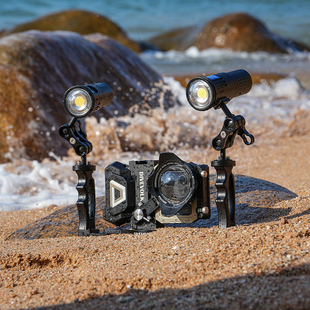 DiveVolk SL50 underwater video light setup on beach