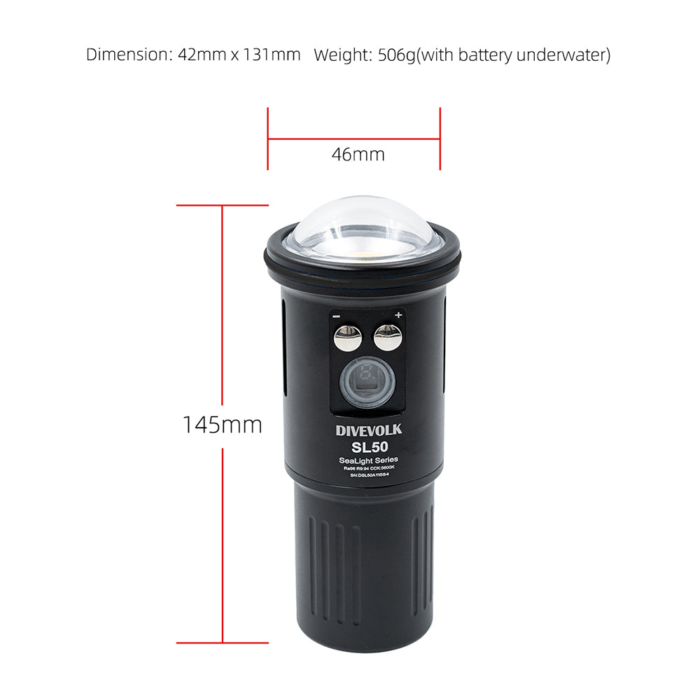 DiveVolk SL50 underwater light dimensions