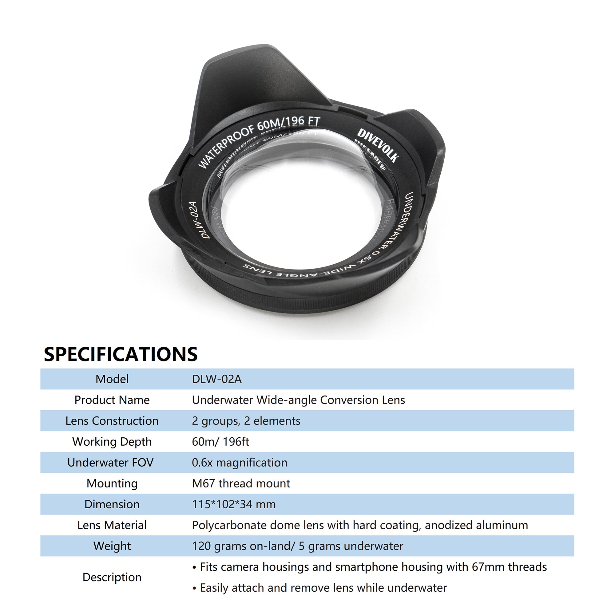 Underwater Wide-angle Conversion Lens X0.6  for DIVEVOLK Housing and Compact Camera Houisng