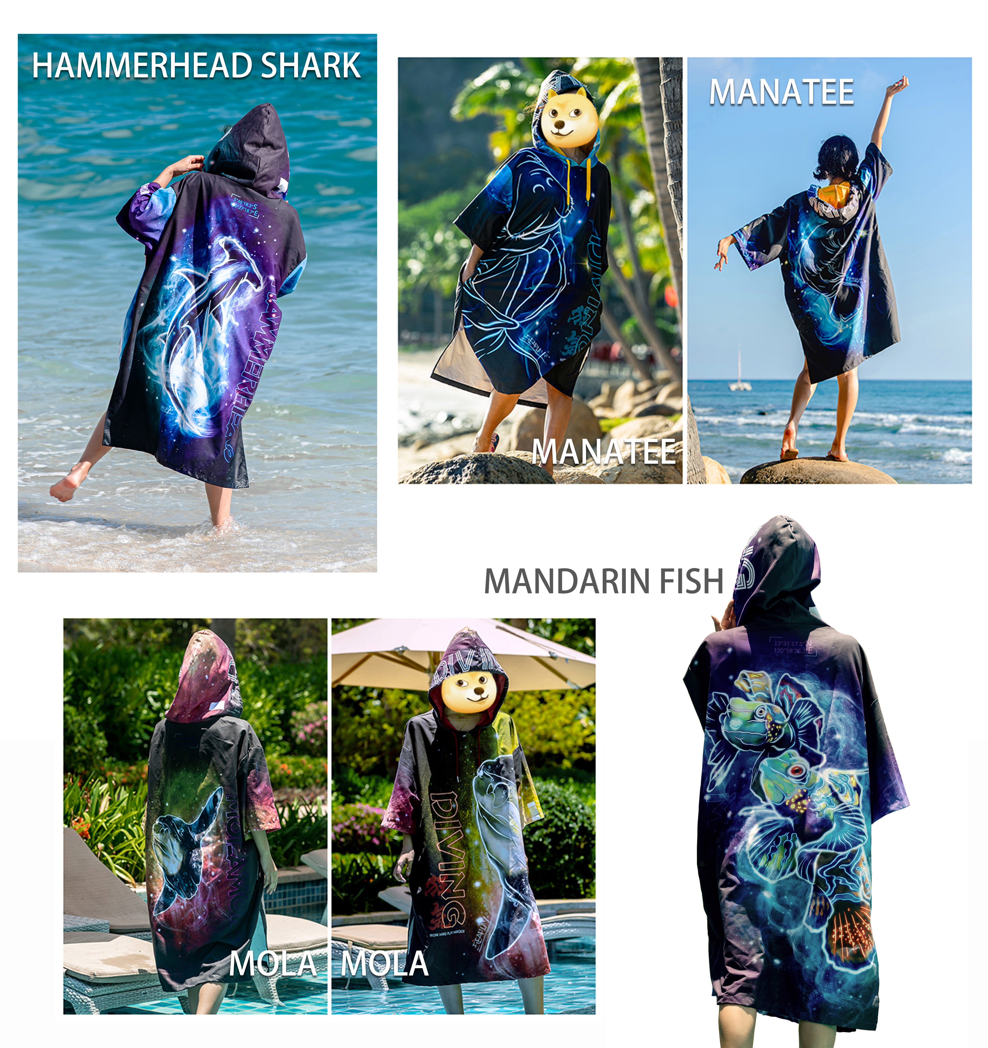 DiveVolk quick-dry bathrobes, ocean animal designs